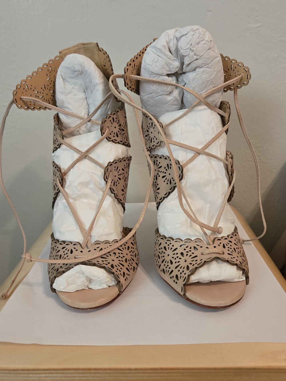 Vintage SCHUTZ Lace-Up Laser-Cut Leather Heels in Nude 6s
